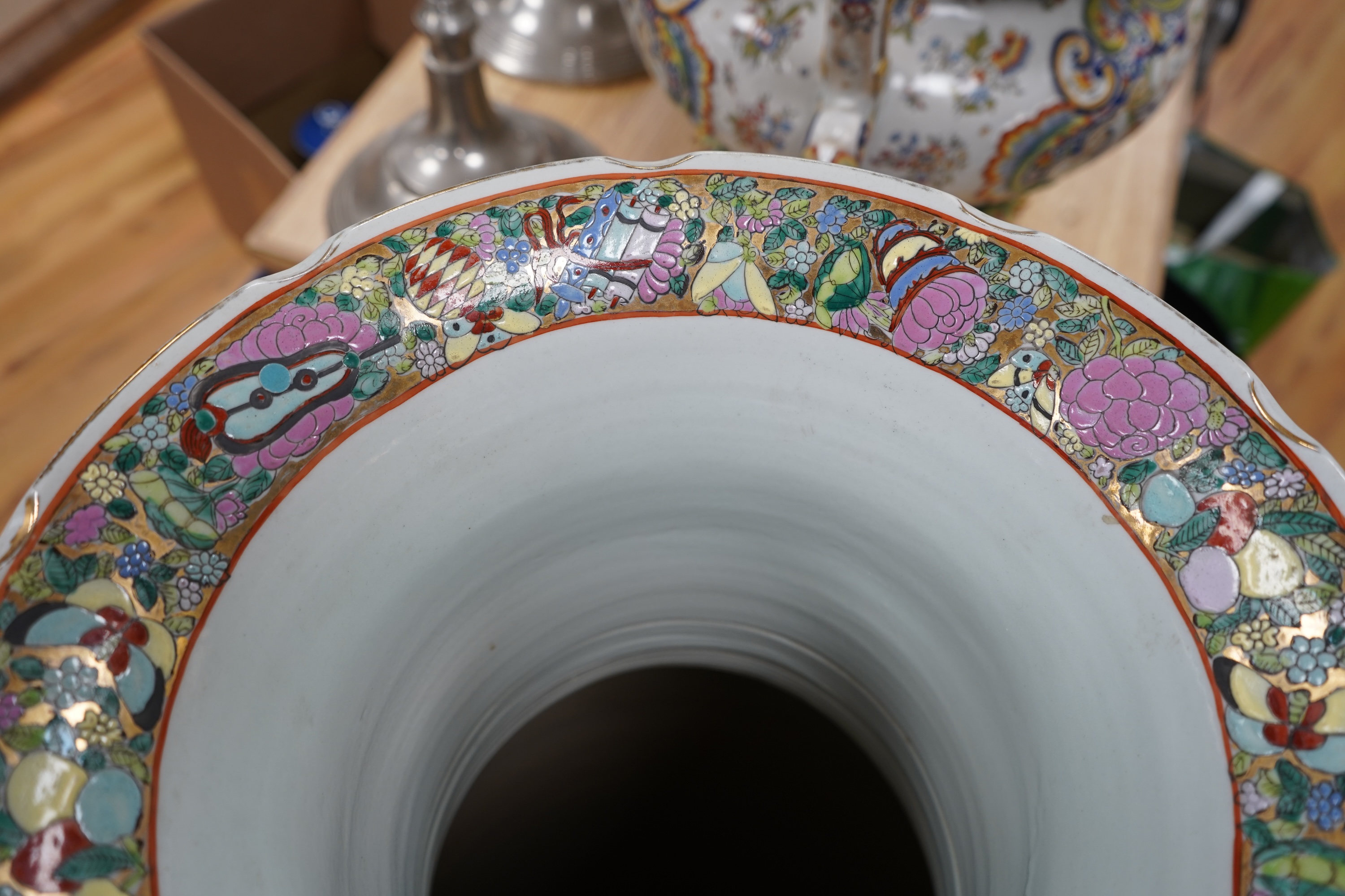 A large Chinese famille rose vase on stand, 118cm high including stand.